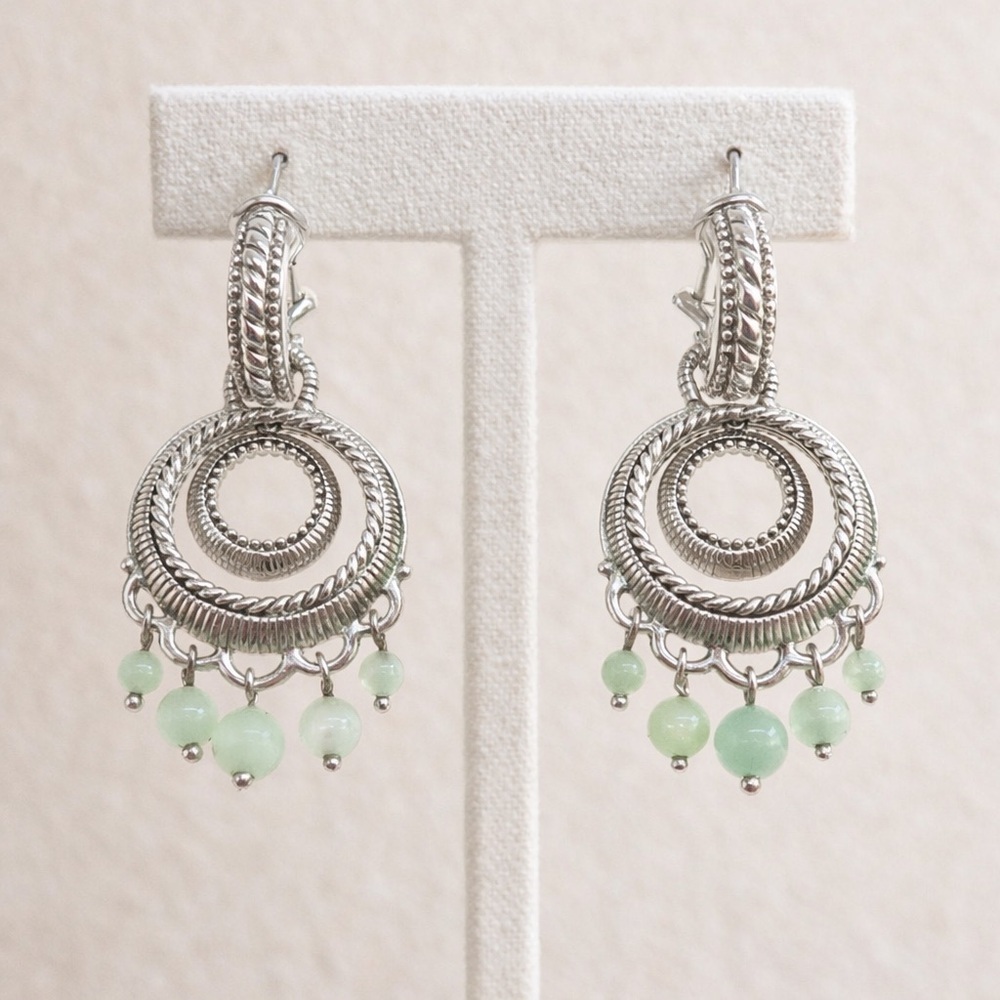 JUDITH RIPKA 925 Sterling Silver Real Jade Dangle Charm Omega Back Earrings